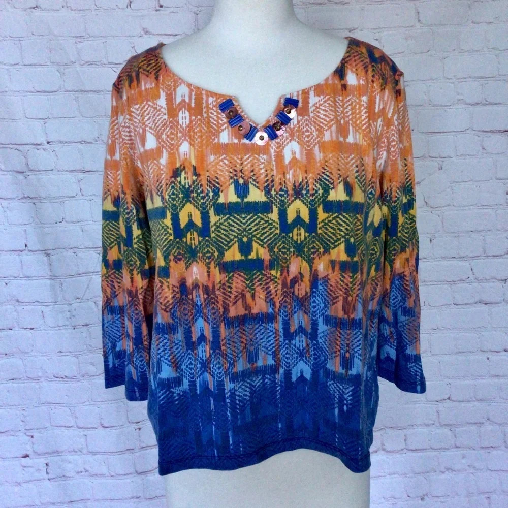 Ruby Rd. Petite Beaded Colorful 3/4 Length Sleeve Top - Size PXL